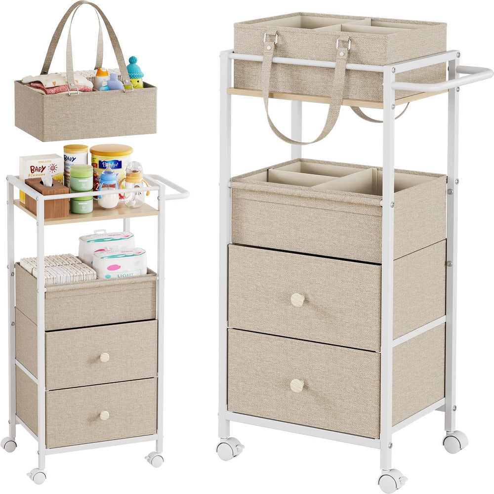 Modanais diaper caddy with wood panel top for organized baby essentials.