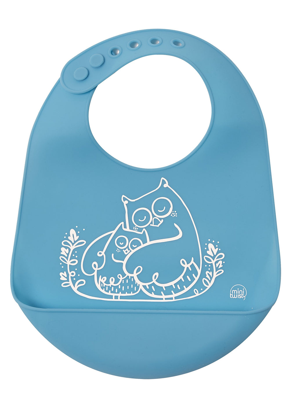 MODERN-TWIST bucket-bib owls electric blue closeup shows spill-catching design for mess-free meals.