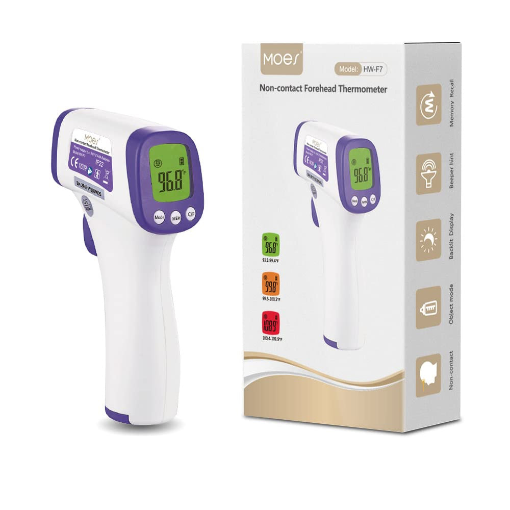 MOES Forehead Thermometer front view for quick, hygienic temperature checks.