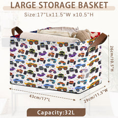 Mogifedc Cartoon Cars Storage Basket with leather handles for comfortable, portable organization.