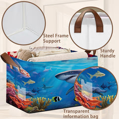 Mogifedc shark-pattern storage basket collapsible design shown folded for compact storage.
