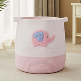 MOJOSCEND 65L pink elephant laundry basket front view shows large capacity for blankets and toys.
