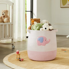 MOJOSCEND pink elephant laundry basket close-up of soft, sturdy handles for easy carrying.