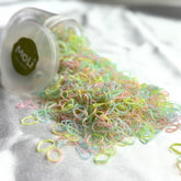 MoLi Baby Collection box close-up showing 1500 soft hair elastics for delicate toddler hair.