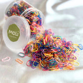 MoLi Baby Collection rainbow elastic bands in a box for easy storage and quick styling.