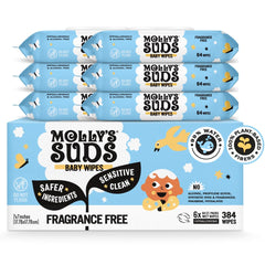 Molly's Suds fragrance-free wipes packaging close-up for gentle cleaning.