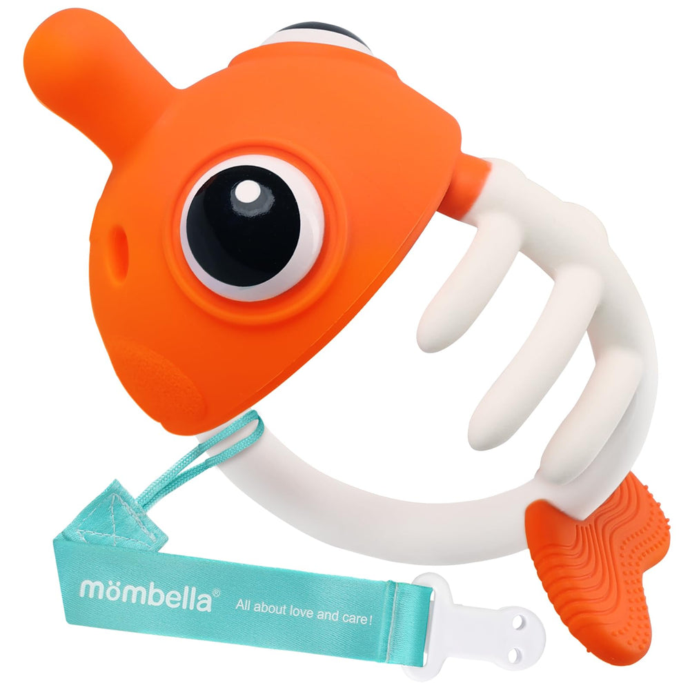 Mombella clownfish teether with orange clip is easy to grab and soothe gums.