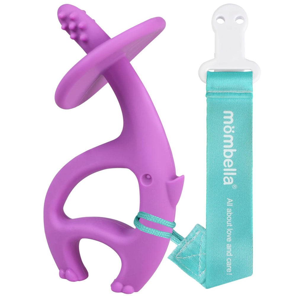 Mombella elephant teether purple clip keeps teether reachable.