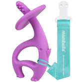 Mombella elephant teether purple clip keeps teether reachable.