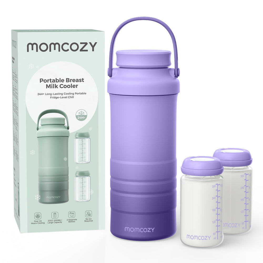 Momcozy 22oz breastmilk cooler outdoors, travel-ready for on-the-go feeding.
