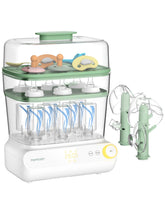 Momcozy 3-layer bottle sterilizer with large capacity for multiple bottles.