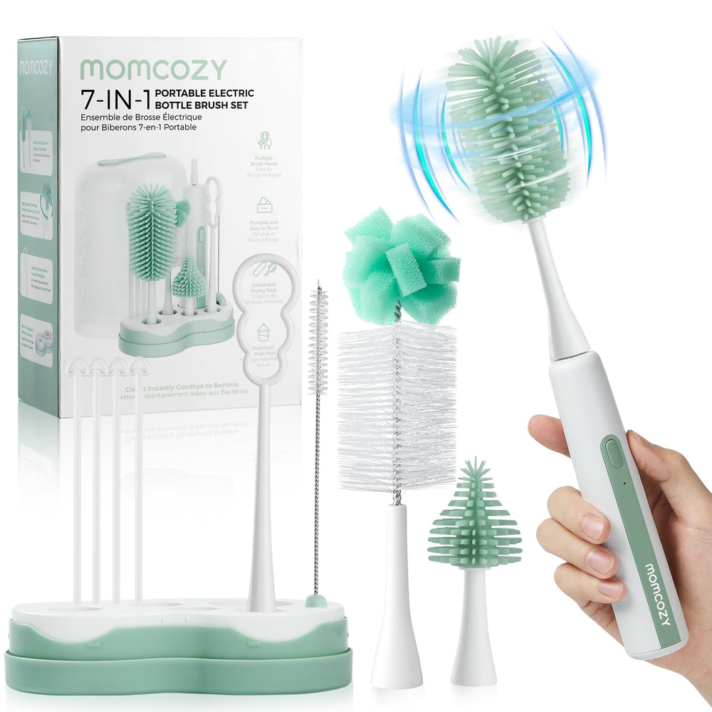 Momcozy 7-in-1 bottle brush kit assembled for quick, thorough cleaning and compact storage.