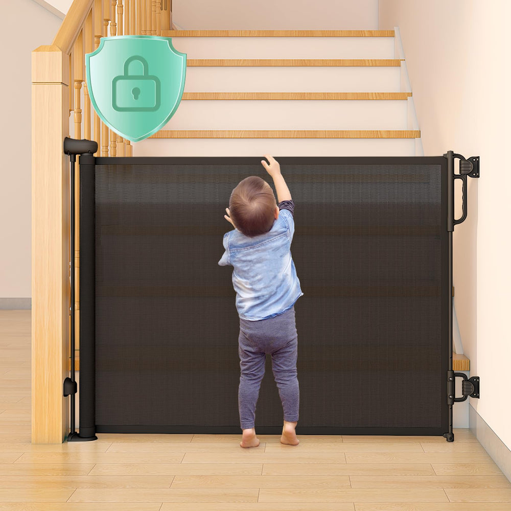 Momcozy auto-lock gate extended 55 inches for wide doorway safety.