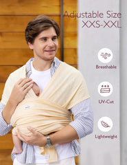 Momcozy Baby Carrier AirMesh beige breastfeeding privacy demonstrates discreet feeding while wearing.