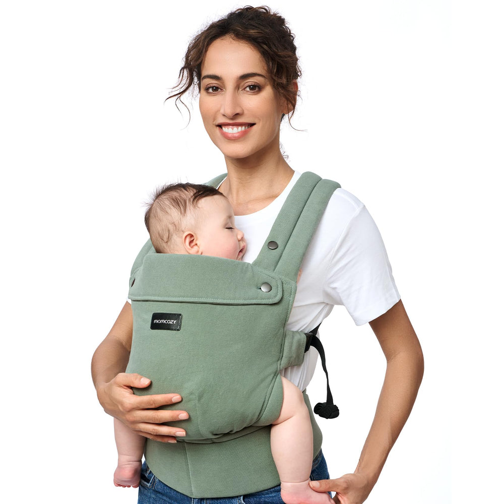 Momcozy baby carrier close-up of natural cotton linen highlighting breathable comfort for baby