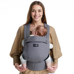 Momcozy baby carrier ergonomic closeup grey shows comfortable padding for long wear