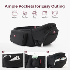 Momcozy hip-seat cradle position emphasizes gentle support for younger babies.