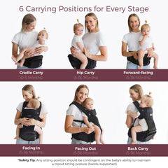 Momcozy hip-seat forward-facing view highlights active baby exploration nearby.