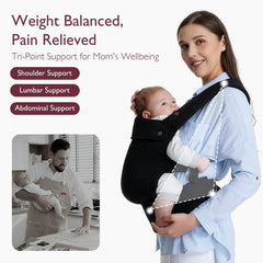 Momcozy Baby Carrier lumbar-support highlights reduced back strain during wear