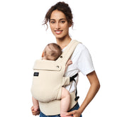 Momcozy Baby Carrier natural cotton linen highlights breathable fabric for cool, comfortable baby wearing.