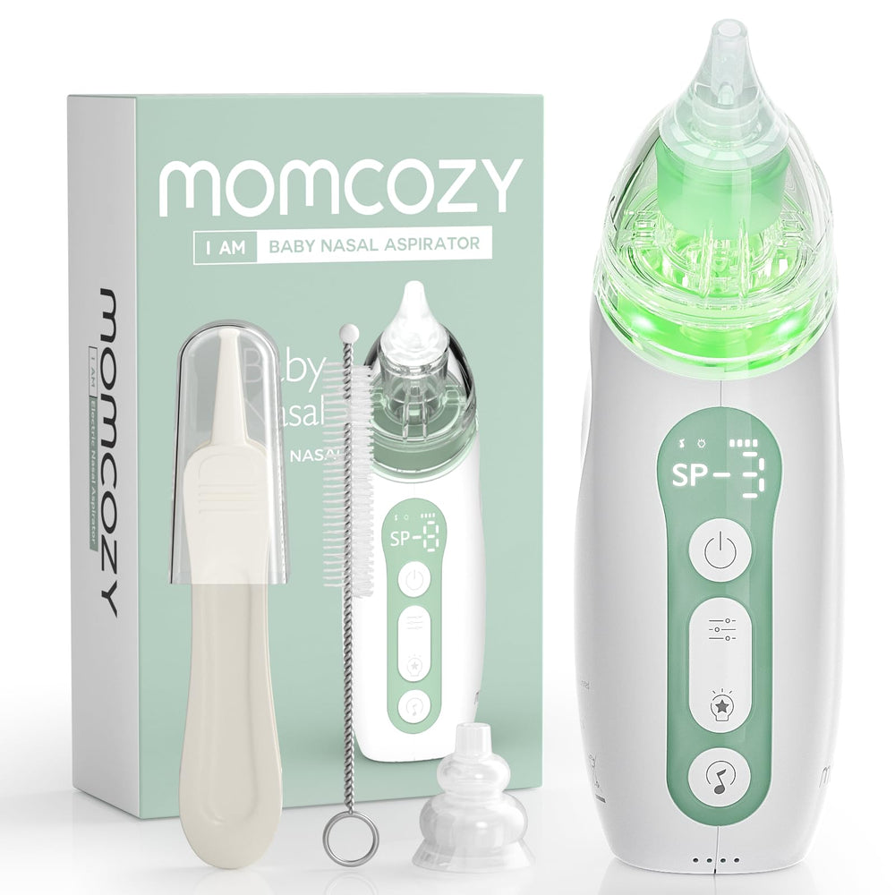 Momcozy Baby Nasal Aspirator front view shows compact design for travel ease.