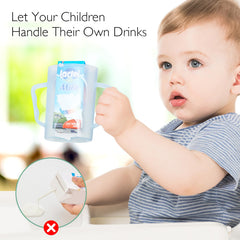 Momcozy baby pouch holder blue universal-fit demonstrates compatibility with pouches and juice boxes.