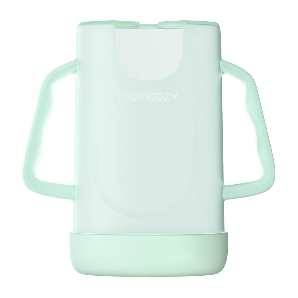 Momcozy No Squeeze pouch holder side view showing ergonomic grip for easy feeding