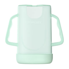 Momcozy No Squeeze pouch holder side view showing ergonomic grip for easy feeding