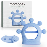 Momcozy baby teether blue close-up, BPA-free silicone for soothing gums.