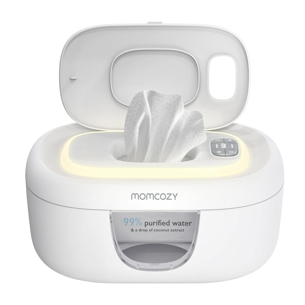 Momcozy baby wipe warmer top view showing spring design for quick, even warming