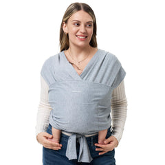 Momcozy baby wrap grey front view shows easy-wear design for hands-free comforting during strolls