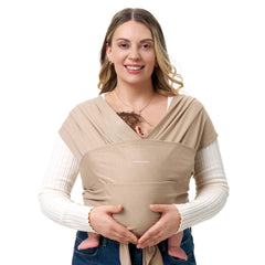 Momcozy Baby Wrap Carrier Light Curry worn for comfortable bonding.