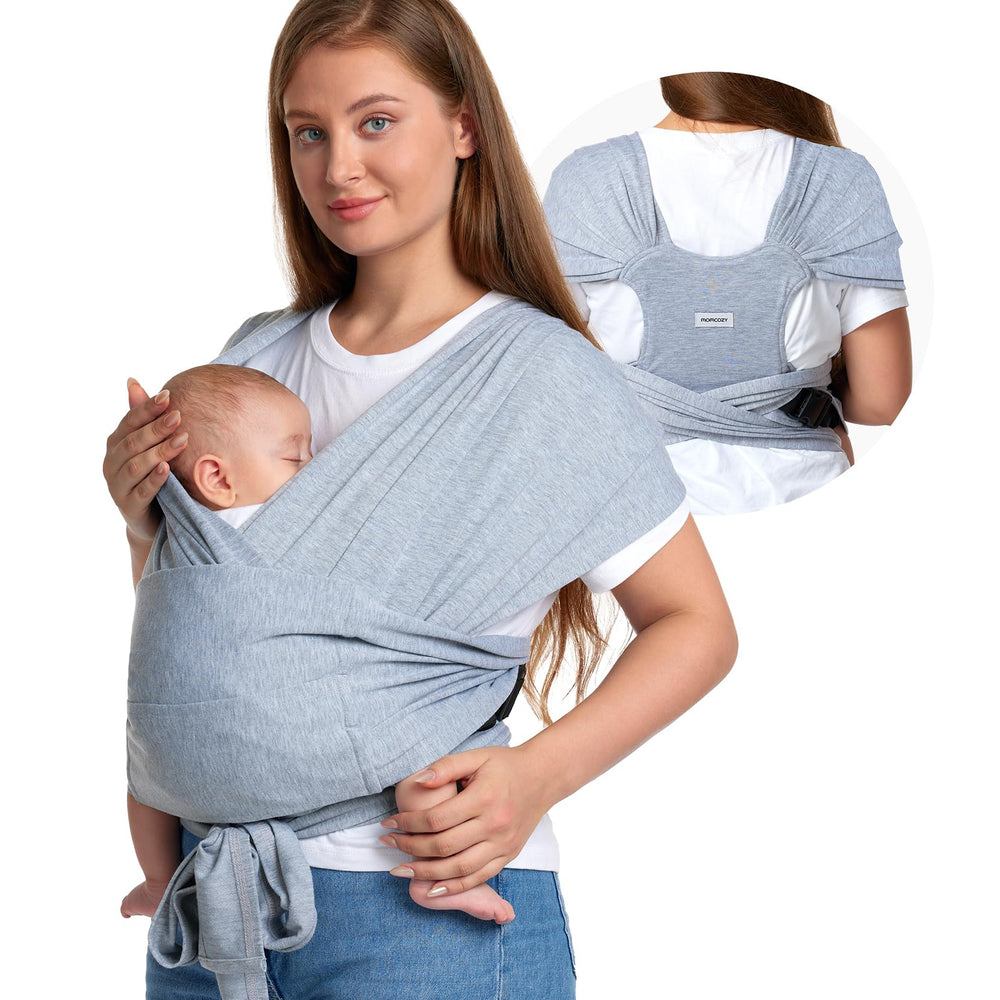 Momcozy baby wrap shows skin-friendly fabric for gentle wear.
