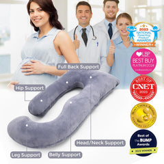 Momcozy back-leg-belly support position highlights ergonomic alignment during rest.