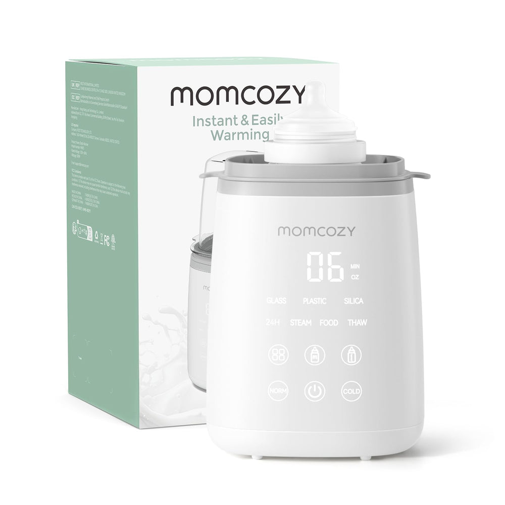 Momcozy Bottle Warmer demonstrates water-bath heating for gentle bottle warming.