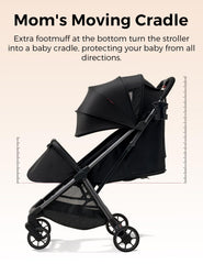 Momcozy ClickGo front wheels 360-degree swivel for smooth steering.