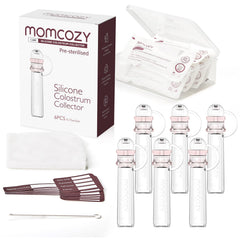 Momcozy colostrum collector shows a 5ml cylindrical design for easy on-the-go collection.
