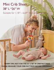 Momcozy crib sheet with 360 elastic edges for a snug, slip-free fit.