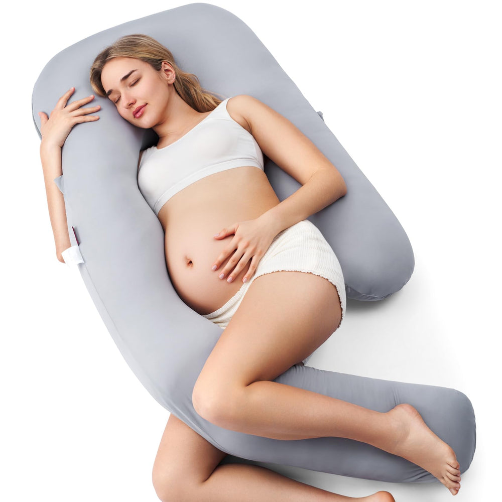 Momcozy Dreamlign U Pro pillow side profile shows ergonomic sleep support.