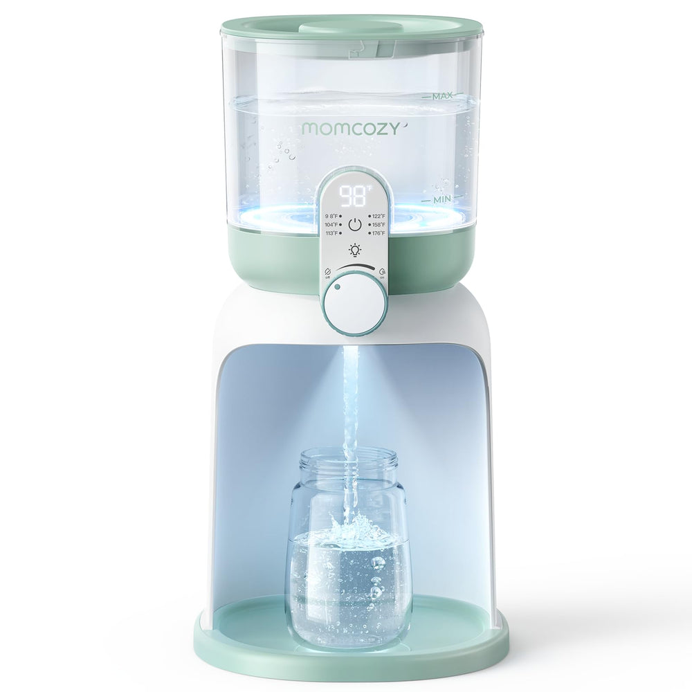 Momcozy dual lights water warmer with night illumination aiding quiet night bottle prep.