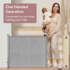 Momcozy gate with no bottom rails lowers tripping risk in high-traffic areas.