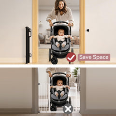 Momcozy retractable gate features no bottom rails to reduce trip hazards.