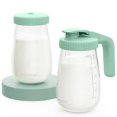 Momcozy glass breast milk pitcher with flat lid pouring for easy storage and serving.