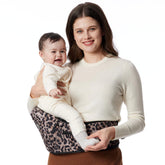 Momcozy Hip Seat Leopard front view shows ergonomic carrier design for quick outings.