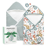 Momcozy hooded baby towel Petite Blossom keeps baby warm and cozy after bath.