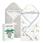 Momcozy hooded baby towel Starry Sky fold highlights playful design and snug wrap.