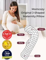 Momcozy J-shaped pillow provides head and neck support during rest.