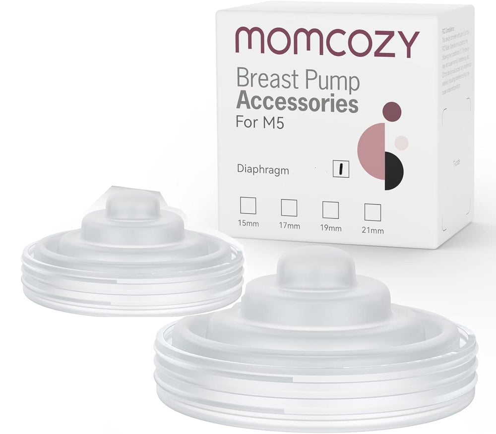 Momcozy M5 diaphragm 2pcs packaging shown for replacement, ready for easy pump maintenance.