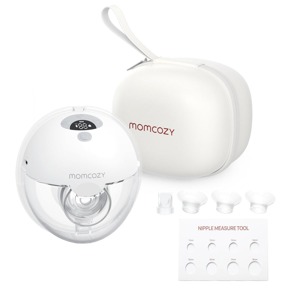 Momcozy M5 hands-free wearable pump in use for on-the-go pumping.