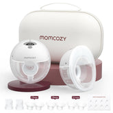 Momcozy M5 hands-free wearable pump in use under clothing for multitasking pumping.